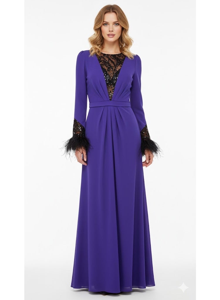 FULL JOY Elegant Maxi  Evening Dress  with Embroidered Black Lace With Long sleeves; Fashion and Modern Dress. - Image 5